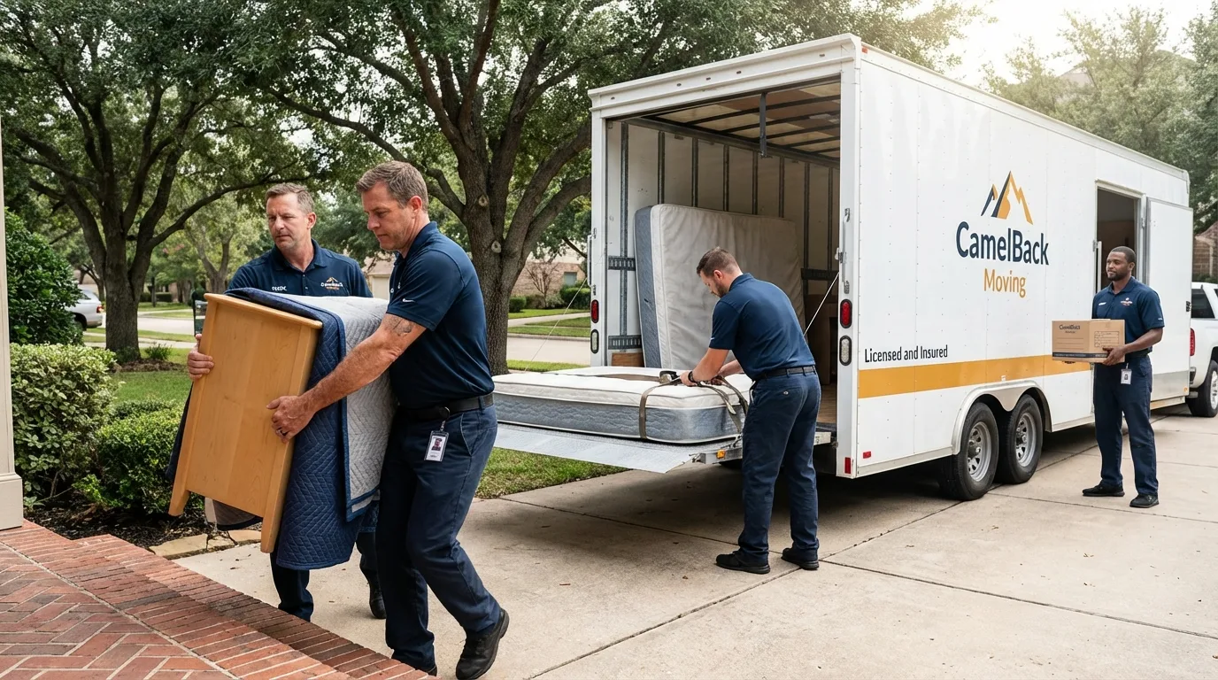 Crew loading residential truck for cross-state move from San Manuel, AZ