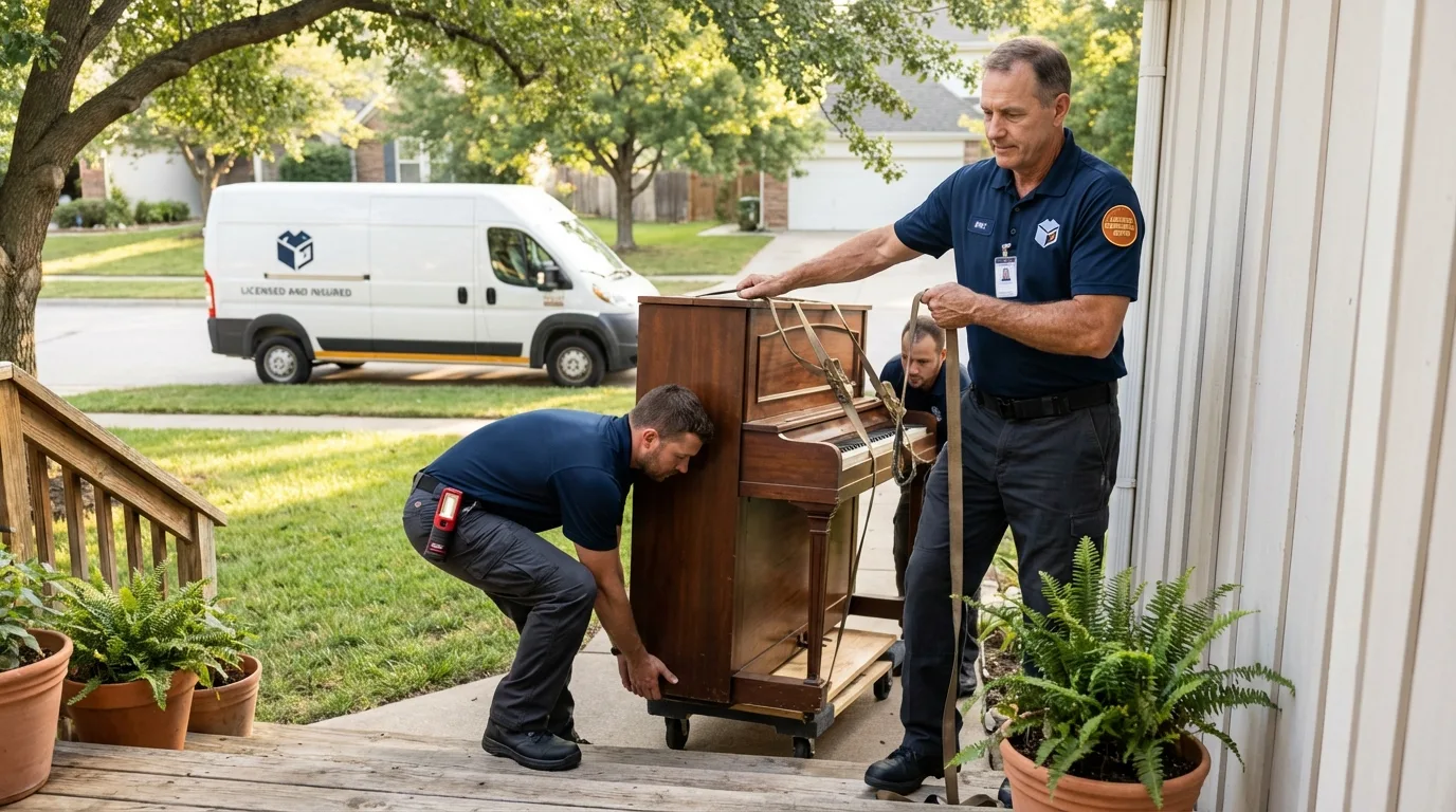 Licensed piano movers securing grand piano in San Manuel, AZ