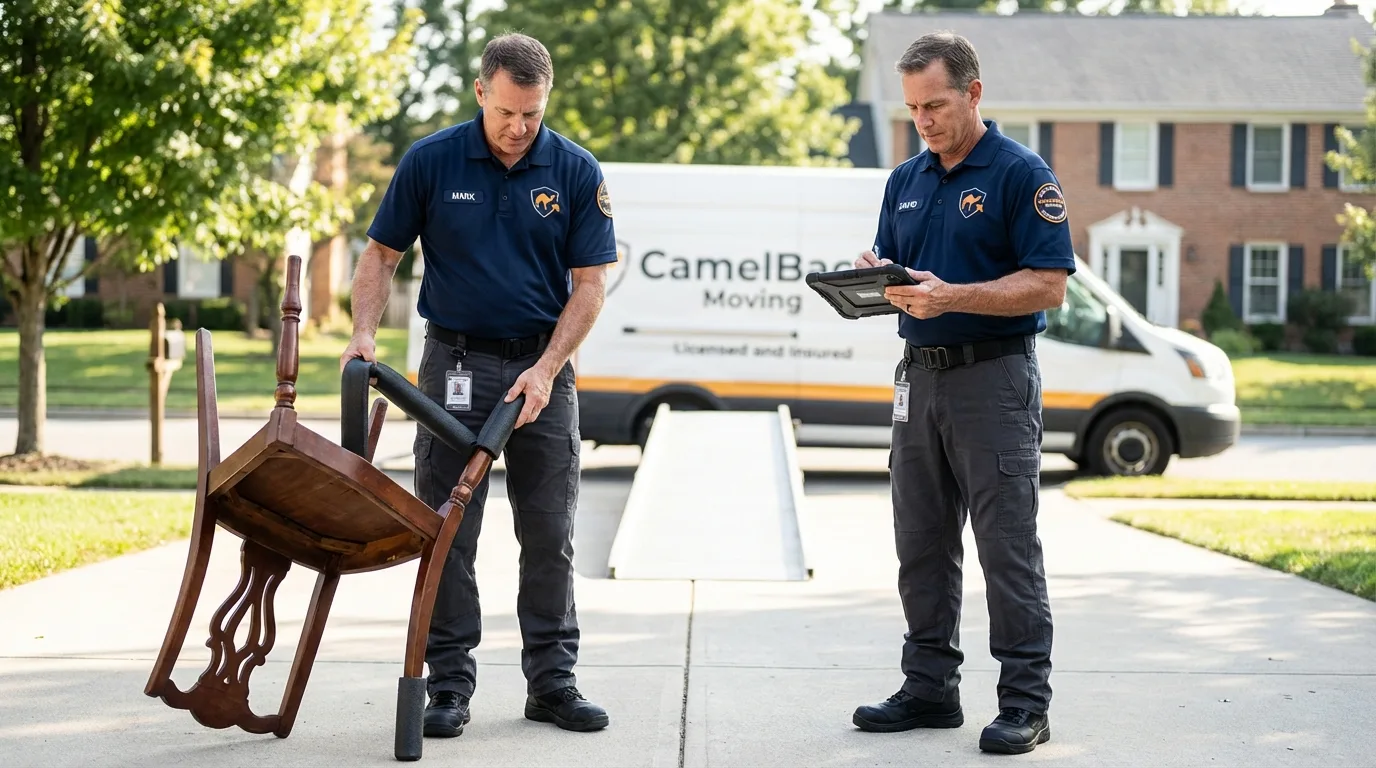 Movers inspecting furniture for damage prevention before loading in San Manuel, AZ