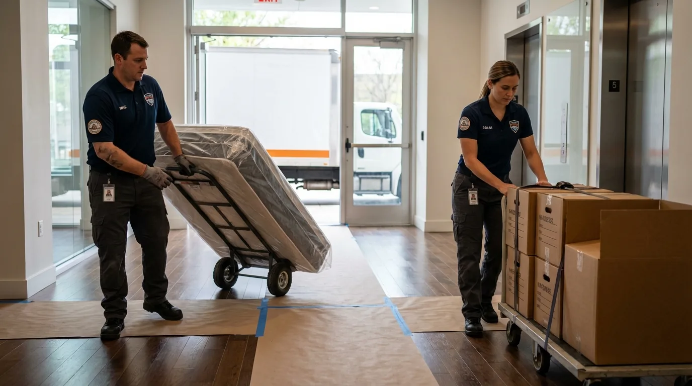 Professional apartment movers loading elevator in San Manuel, AZ